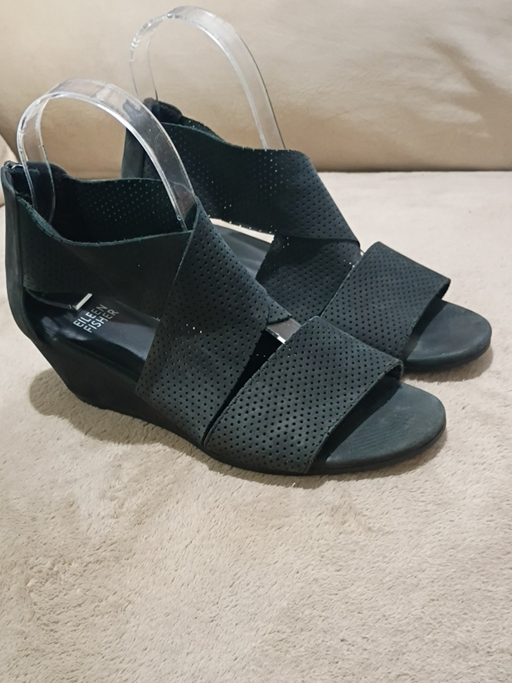 Eileen Fisher Black Perforated Crisscross Wedge Sandals.Very good Condition.